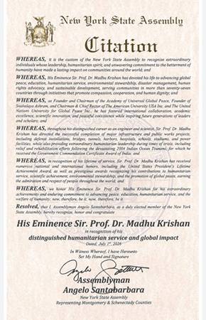 New York State Honours Global Peace Leader His Eminence Prof. Sir Dr. Madhu Krishan With Multiple Prestigious Civic Recognitions